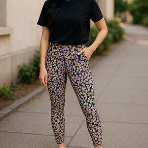 Tek Gear Floral High Waist Leggings Womens M Blue Yellow Athletic